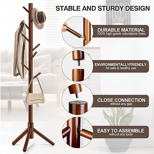 WANGMUXIA Coat Rack, Freestanding Coat Rack with 8 Hooks and 3 Adjustable Size Tree Coat Racks for Bedroom, Hallway, Entrance, Office, for Hats, Coats, Scarves, Handbags - Image 3