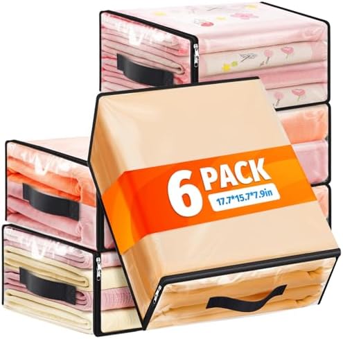 SpaceWhisper Clear Sheet Storage Bags, 6 Pack, 17.7 x 15.7 x 7.9 in | Sheet organizers and storage, zippered closure, thick plastic, reinforced handles, clothes, blankets, under-bed storage by Unknown