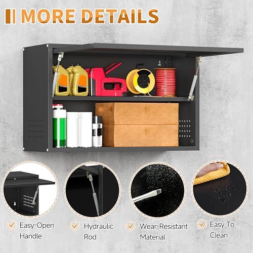Metal Garage Wall Cabinet with Up-Flip Door, Black Float Tool Cabenit with Adjustable Shelf,Upper Storage Cabinets with Pegboard for Kitchen,Garage,Workshop,Warehouse (19.7" H,Black) - Image 5