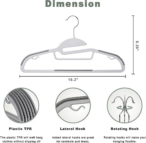 BAGAIL Plastic Hangers 50 Pack with Non-Slip Design,0.2 Inches Thick, 360°Swivel Hook Space Saving Organizer for Bedroom Closet,Shirts,Pants(Grey- S Shaped) - Image 2