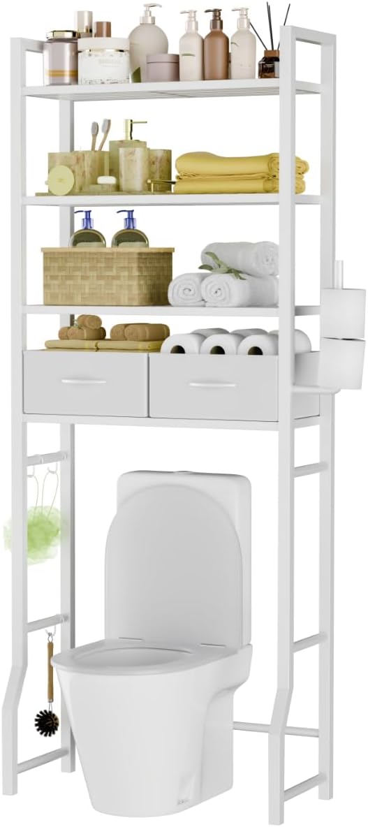 Simple Trending 4 Tier Over The Toilet Storage with Drawers, Heavy Duty Bathroom Stand Organizer Metal Shelves for Laundry, White by SimpleTrending