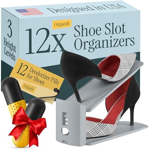 12X Shoe Slot Organizers, Space Saving Shoe Stackers for Closet, Adjustable Shoe Space Saver, Foldable & Compact Shoe Slots Organizer for Closet, for Shelf - 12 Shoe Deodorizer Pills Included, grey by Unknown