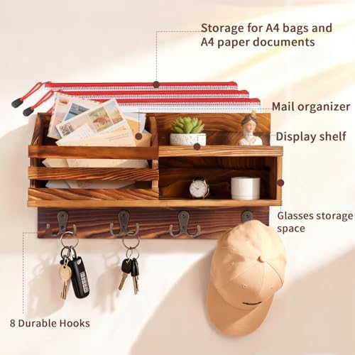 Solid Wood Key and Mail Holder for Wall, Brown - Image 2