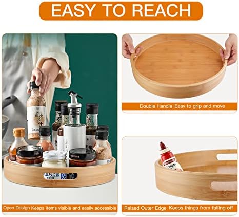 Lazy Susan Organizer 14 inch, Bamboo Lazy Susan for Table, Kitchen Turntable Organizer with Double Handles, Round Wood Rotating Turntable Spice Organizer for Countertop Cabinet or Pantry - Image 4