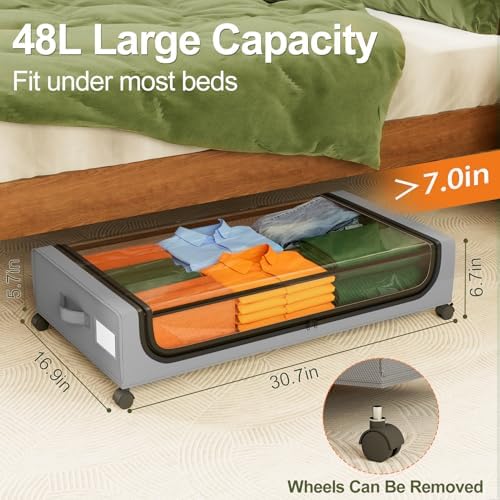 GoMaihe Under Bed Storage with Wheels 48L Grey 2-Pack | Rolling Bins for Shoes Clothes in Dorm Bedroom - Metal Drawers Easy Pull-out - Image 3