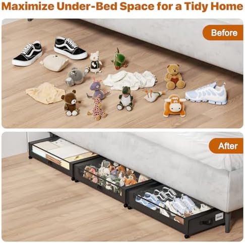 Under Bed Storage with Wheels,XXL 60L Under Bed Storage Containers with Clear Lids, Rolling Under Bed Metal Drawer for Clothes, Shoes,Toys (Black, 2 Pack) - Image 7