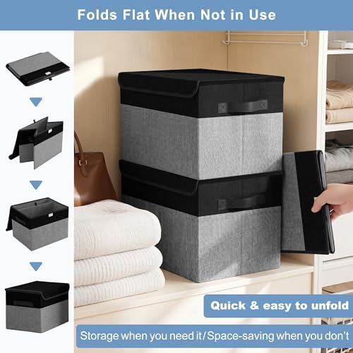 Bagnizer Large 22 Quart Linen Fabric Foldable Storage Bin Cube Organizer Basket with Flip-Top Lid & Handles, Clothes Blanket Box for Home, Office, Closet, Black & Gray, 4 Pack 14.6 x 9.5 x 9.5 - Image 7