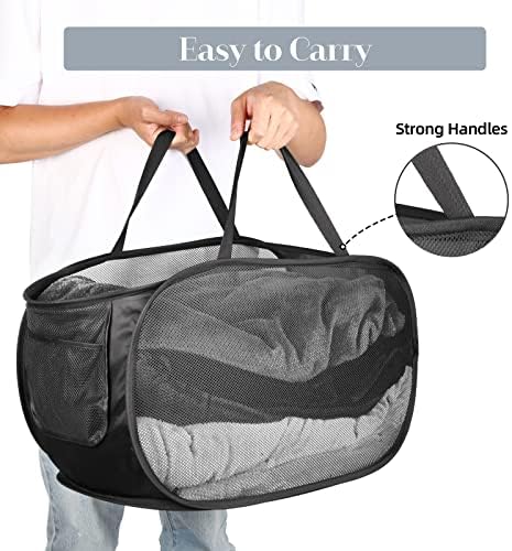 Durable Collapsible Laundry Baskets, Mesh Pop Up Laundry Hamper with Side Pocket, Foldable Clothes Hamper with Reinforced Carry Handles for Laundry, Bathroom, Kids Room, Dorm or Travel 2 Pack Black - Image 5