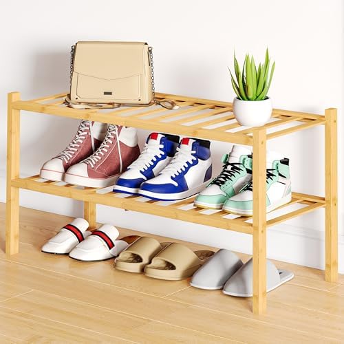 Smiry Bamboo Shoe Rack, 12 Vertical Slats, 2 Tier - 26.8" Wide, Natural by Smiry