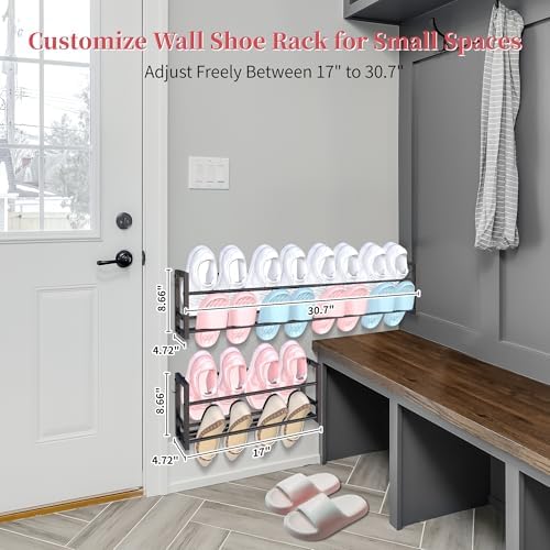 2 Pack Wall Mounted Shoe Rack for Narrow Spaces, Hanging Shoe Rack Holds 16 Pairs, 17"-30"Adjustable Heavy Duty Wall Shoe Storage with 4 Storage Hooks, Space Saving for Closet Entryway Door, Black - Image 7
