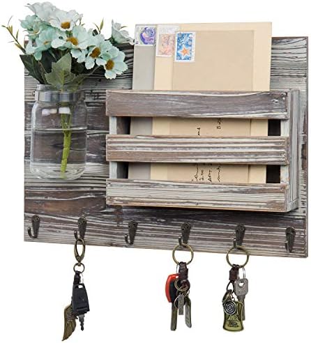 MyGift 6 Hook Wall Mounted Entryway Key Hanger and Mail Holder Basket, Rustic Torched Wood Hanging Home Organizer Rack with Decorative Mason Jar Flower Vase by MyGiftHome