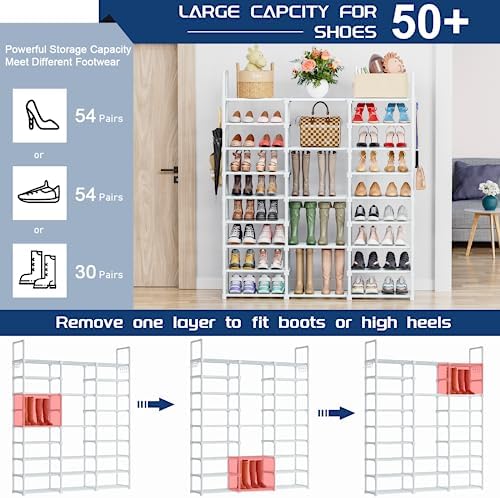 Mavivegue 9 Tiers Shoe Rack Tall Shoe Organizer Shoe Storage 50-55 Pairs Vertical Shoe Shelf Large Shoe Rack Organizer Stackable Shoe Racks for Entryway, Closet, Garage, Bedroom,Cloakroom - White - Image 5