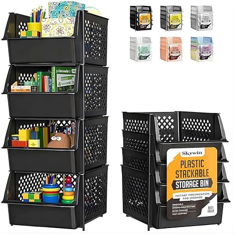 Skywin Stackable Storage Bins Open Front for Pantry Storage, 4 Pack - Black by Skywin