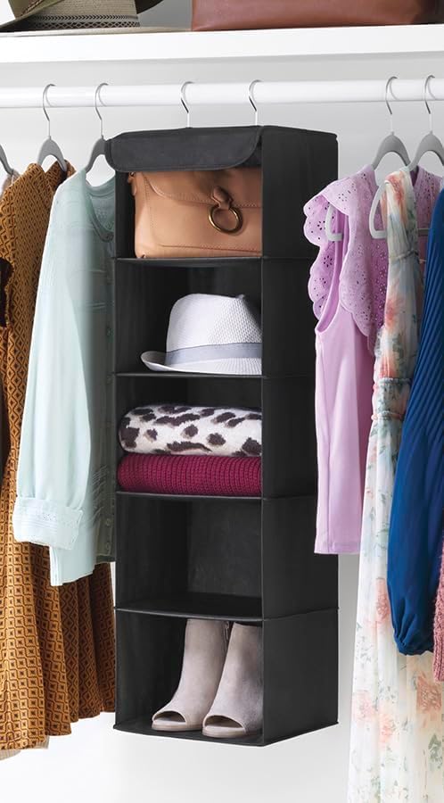 Whitmor 5 Tier Shelf Hanging Closet Organizer, Hanging Shelves with 2 Sturdy Metal Hooks,Foldable(Black) (Pack of 6) by Whitmor
