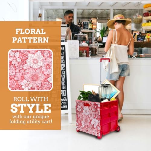 Inspired Living Ultra-Slim Rolling Collapsible Storage Pack-N-Roll Utility-carts, with Telescopic Handle, for Home, Garden, Shopping, Office, School use, Large, Red, White Flower Print - Image 7