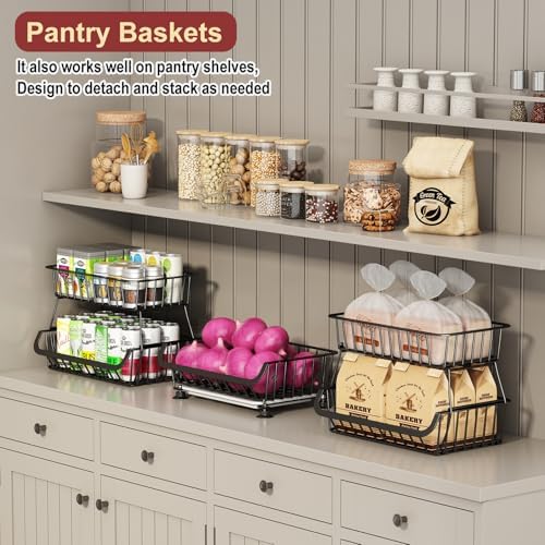 3-Tier Rolling Pantry Cart with Wheels, Stackable Wire Storage Floor Organizer for Kitchen Pantry Snack Shelves, Fruit Basket Stand, Vegetable Storage Rack for Food Snacks Onion Potato - Image 4