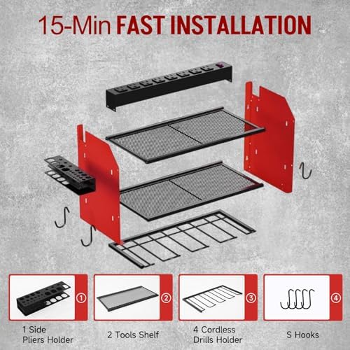 Power Tool Organizer Wall Mount with Charging Station, Heavy Duty 3 Layers Tool Storage Rack with 4 Cordless Drill Holder, Battery Holder with 8 Power Strip, Ideal for Garage, Warehouse, Workshop - Image 5