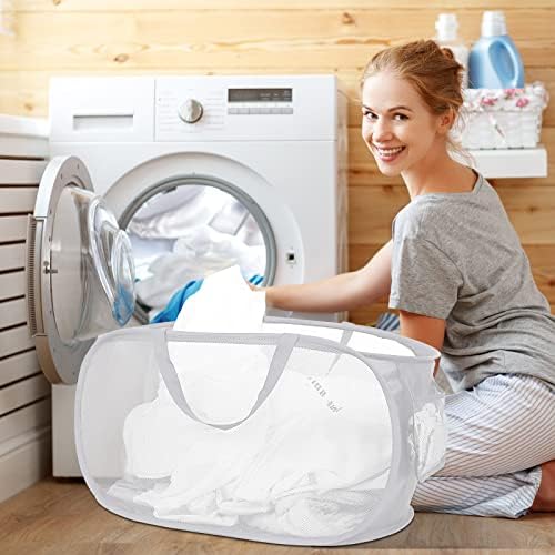 Strong Mesh Pop Up Laundry Basket, Collapsible Laundry Hamper with Side Pocket, Foldable Clothes Hamper with Durable Reinforced Handles for Laundry, Bathroom, Kids Room, Dorm or Travel 2 Pack White - Image 2