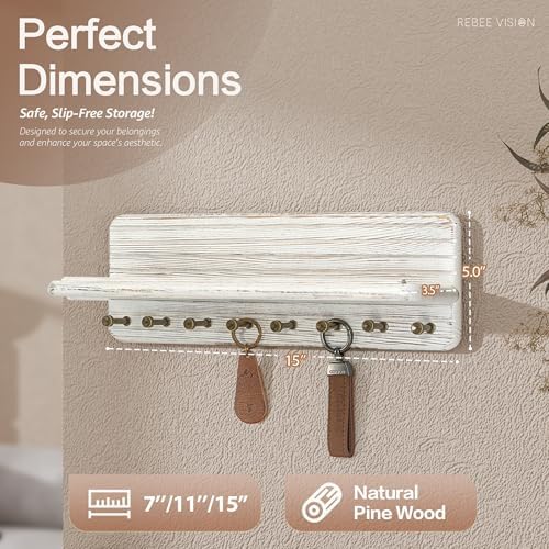 Rebee Vision Key Holder Wall Mount with Shelf Room Decor, Distressed White - Image 2