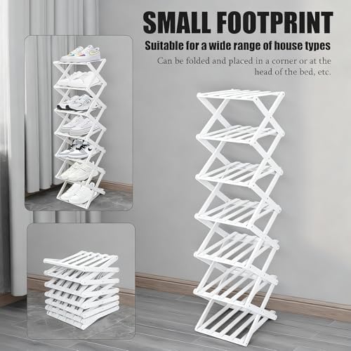 Vertical Narrow Shoe Rack White, 7 Tier Portable Folding Shoe Storage Rack, Without Installation Free Standing Shoe Rack for Corridors, Bedrooms Living Room Corner and Small Spaces - Image 5