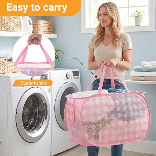 Sturdy Collapsible Laundry Baskets - Pop Up Laundry Hampers with Handy Pocket, Foldable Clothes Hamper with Reinforced Carry Handles for Bathroom, Kids Room, Dorm or Travel - Check Print, Pink - Image 6