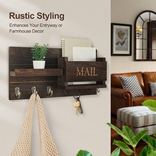 Lwenki Mail Organizer for Wall Mount – Key Holder with Shelf Includes Letter Holder and Hooks for Hallway Farmhouse Decor – Rustic Wood with Flush Mounting Hardware (16.5” x 9.1” x 3.4”) (Brown) - Image 5