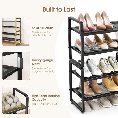SAYZH Expandable Shoe Rack for Closet, Adjustable Metal Shoe Organizer with Sturdy Mesh Shelves for Boots & Heels, Stackable Shoe Storage for Entryway, Garage, Small Spaces (Black, 4-Tier) - Image 6