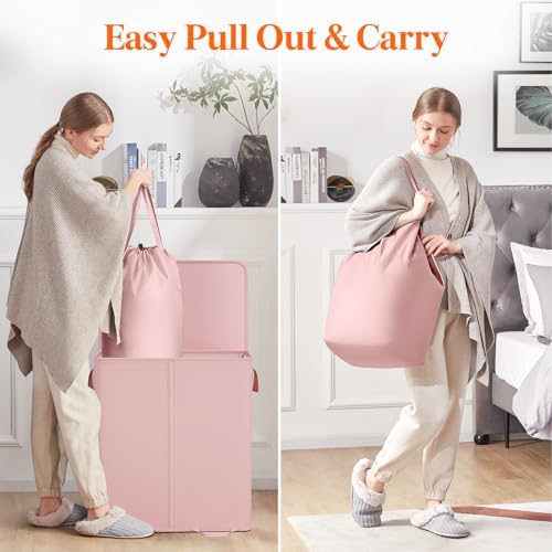 Lifewit Double Laundry Hamper with Lid, Removable Laundry Bags, Pink - Image 4