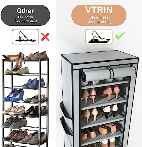 VTRIN Vertical Narrow Shoe Rack Organizer Tall Shoe Rack for Closet Entryway 10 Tier Non-Woven Cover Shoe Shelf Holds 20-22 Pairs Free Standing Shoe Storage Cabinet with Dustproof Cover, Grey - Image 6