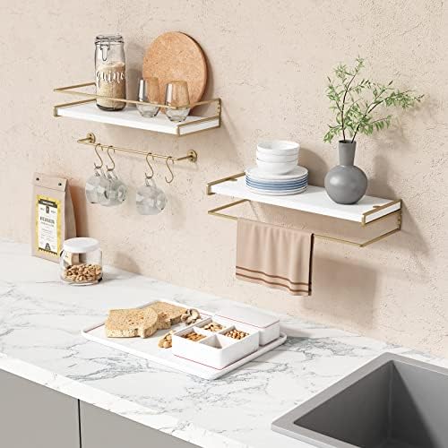 Forbena Floating Bathroom Shelves Wall Mounted, Aesthetic White and Gold Shelves for Bathroom Accessories, Modern Bathroom Organizer with Tower Bar for Wall Decor Storage Small Spaces, Set of 2 - Image 2