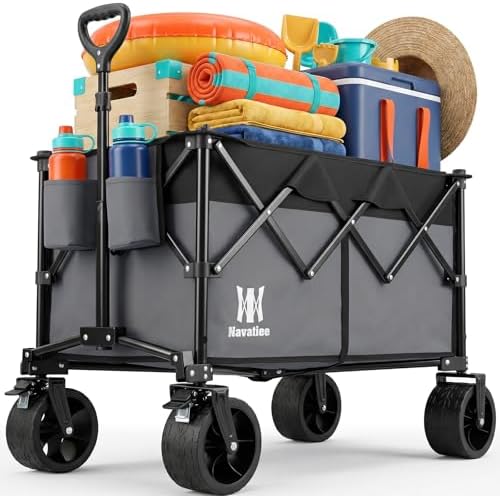 Navatiee 330Lbs Collapsible Folding Wagon, Beach Wagon Cart Heavy Duty Foldable with Big Wheels, Utility Grocery Wagon with 165L Large Capacity for Camping Garden Sports, Gray by Navatiee