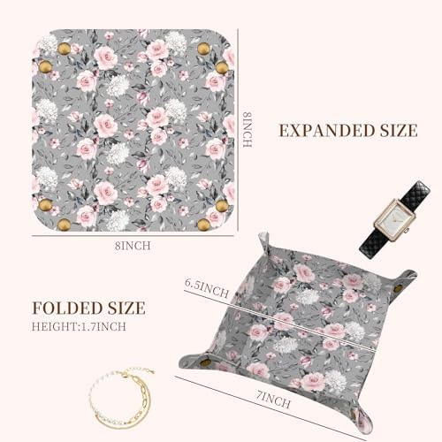PU Leather Jewelry Valet Tray, Portable Catchall Tray for Keys, Wallet, Watch,Travel Jewelry Tray Organizer for Nightstand Desk Entryway Home Decor Gift for Women Men Grey Roses - Image 5