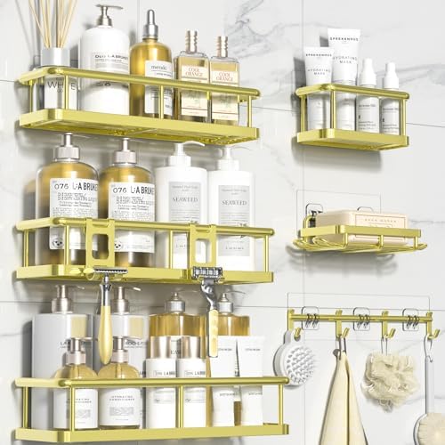 YASONIC Shower Caddy Adhesive, Rustproof Shower Organizer with Soap Holder, Large Capacity Shower Shelves for Inside Shower, No Drilling Bathroom Organizers and Storage for Home Decor（6 Pack Gold） by YASONIC