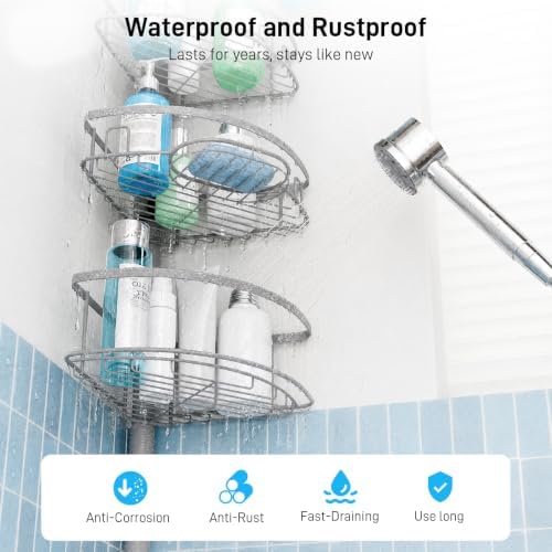 Corner Tension Pole Shower Caddy, 4 Tier Rustproof Shower Tension Rod Organizer with Soap Holder & Hooks, Adjustable 33-125 Inch Bathroom Shelf for Renters - Family Stand Storage Rack, Grey - Image 2
