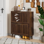 Shoe Cabinet, Shoe Storage Cabinet with Louvered 2 Flip Drawers, Narrow Shoe Cabinet Storage for Entryway, Freestanding Shoe Organizer Cabinet with Golden Handles, Slim Shoe Rack Cabinet (Walnut) - Image 6