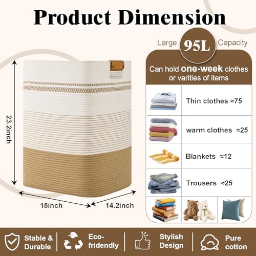Laundry Hamper, 95L Tall Laundry Basket with Leather Handles, Rectangle Large Clothes Hamper for Organizing, Cotton Woven Laundry Baskets Storage Hampers for Bedroom, Nursery, Living Room - Image 3