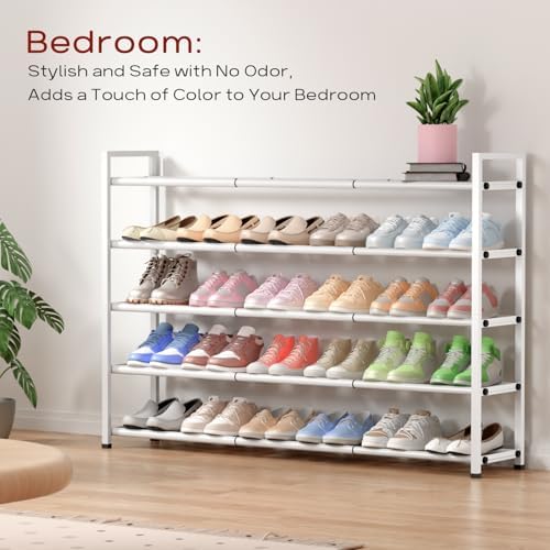 Bumusty 5 Tier Long Expandable Shoe Rack for Closet, White - Image 4