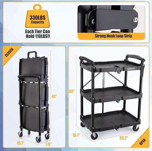 FUTURELAB Portable Folding Service Cart - 3 Tier 330LBS Capacity - Rolling Utility Foldable Cart with Wheels for Warehouse Home Workshops Garages Restaurants Offices - Image 3