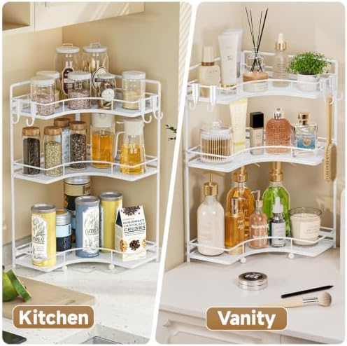 VITVITI 3 Tier Corner Bathroom Counter Organizer, Bathroom Countertop Organizer Storage for Sink, Metal Mesh Makeup Organizer for Vanity Countertop Kitchen with Hooks, White - Image 5