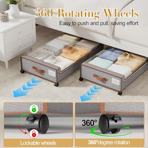 Yecaye 60L Under Bed Storage with Wheels, 4 Pack, Greige | 360° Rolling Wheels, Clear Lids & Label, Reinforced Handle, Rolling Metal Drawers for Clothes, Blankets, Shoes in Bedroom - Image 5