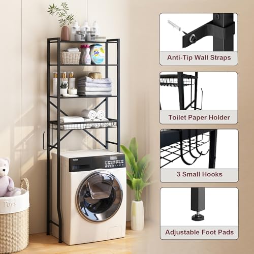 Over The Toilet Storage Shelf, 4-Tier Bathroom Organizers and Storage Rack with Adjustable Height, Freestanding Above Toilet Shelves for Bathroom & Laundry, Space Saver, Black - Image 4