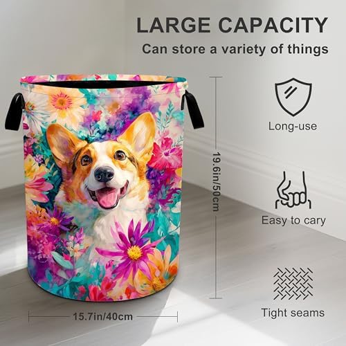 Dog Flower Laundry Basket Storage Bin Foldable Laundry Hamper Clothes Storage Bucket Organizer 19.6x15.7 Inch For Laundry Room/Bedroom/Bathroom - Image 4