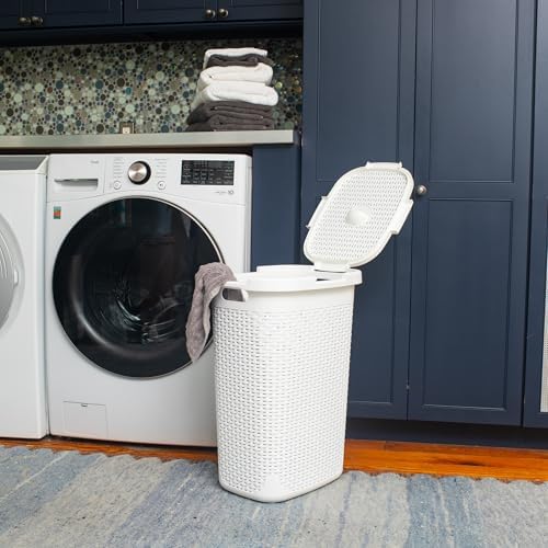 Mind Reader Slim Laundry Hamper with Lid, 60L Tall Clothes Basket, Narrow Tapered Design for Bathrooms, Closets and Laundry Rooms, Plastic, White - Image 2