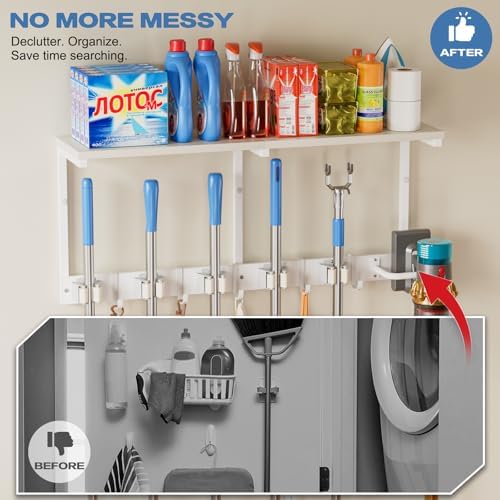 Broom Holder Wall Mount with Cleaning Supplies Organizer, Laundry Room Organization and Storage Shelf with Mop Hanger Rack Gripper Hooks, Utility Shelf Closet Organizer Floating Shelves for Garage - Image 5