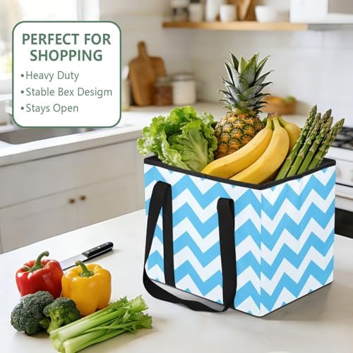 Trunk Organizer Collapsible Car Organizer with Handle Car Storage Box Bin for Groceries SUV Utility Tote Bag Portable Vehicle Container Sky Blue Zigzags - Image 5