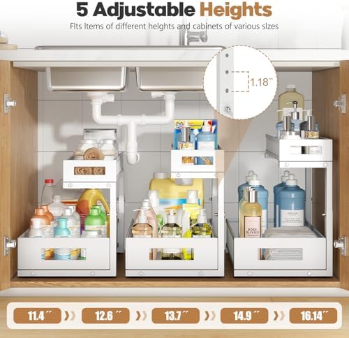 2 Pack 19IN Depth Under Sink Storage Organizer, Large 2-Tier Elegant Mesh Pull Out Shelf for Kitchen and Bathroom Cabinet Organization, L-Shaped and Adjustable Height Design-White - Image 4