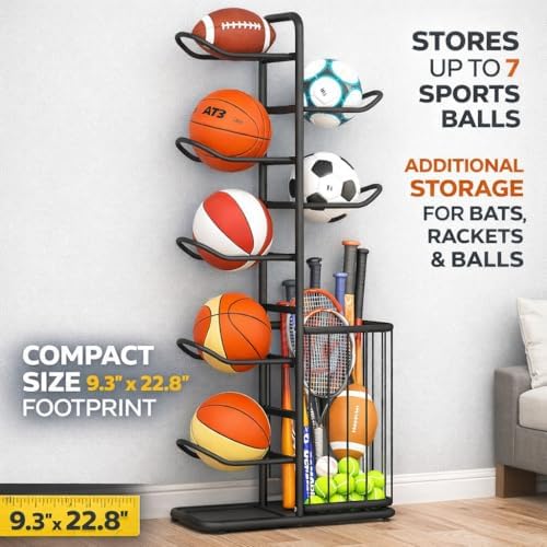 7-Ball Sports Equipment Storage Rack with Ball Holder, Ideal for Garage or Indoor Use - Organize Toys, Sports Gear and More, 57.5" (Black) - Image 4