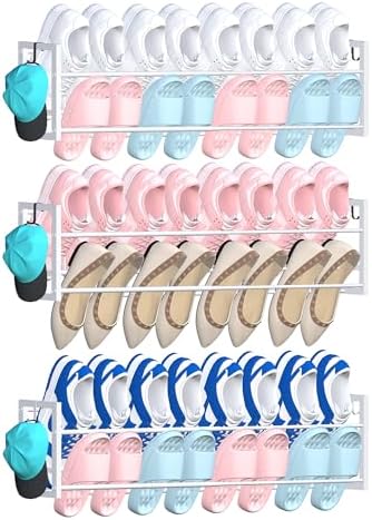 3 Pack Wall Mounted Shoe Rack for Narrow Spaces, Hanging Shoe Rack Holds 24 Pairs, 17"-30"Adjustable Heavy Duty Wall Shoe Storage with 6 Storage Hooks, Space Saving for Closet Entryway Door, White by HomeOrganizerandStorage