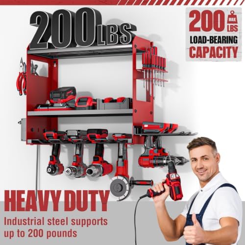 YYR Power Tool Organizer Wall Mount with Charging Station, Cordless Tools Hanger and Battery Storage Rack for Garage Organization, Heavy Duty Drill Holder Shelf Build in Metal Power Strip - Red - Image 4