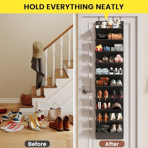 Mefirt 20-25 Pairs Over the Door Shoe Organizer, Clear Pockets Shoe Rack for Closet Door, 10-Tier Hanging Shoe Rack for Boots, Behind the Door Shoe Holder Fit All the Family's Sneakers, Heels, Black - Image 6